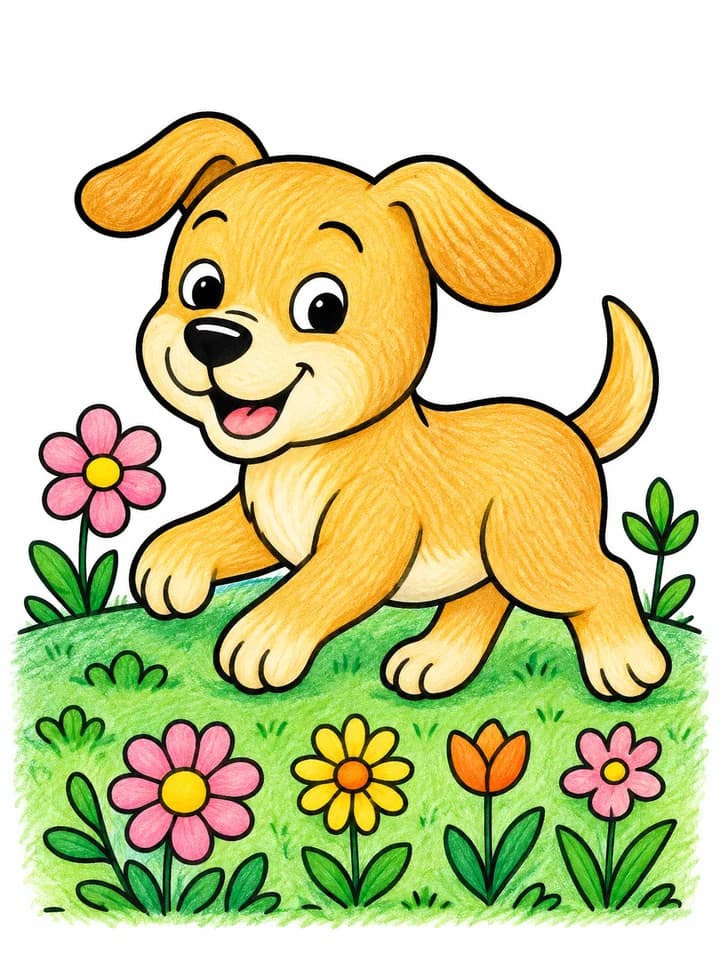 Colored example of Cute Puppy Wandering in Garden Coloring Page