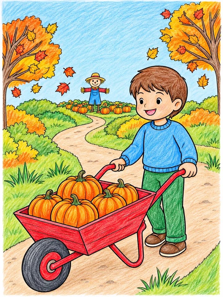 Colored example of Fall Pumpkin Patch Wheelbarrow Coloring Page