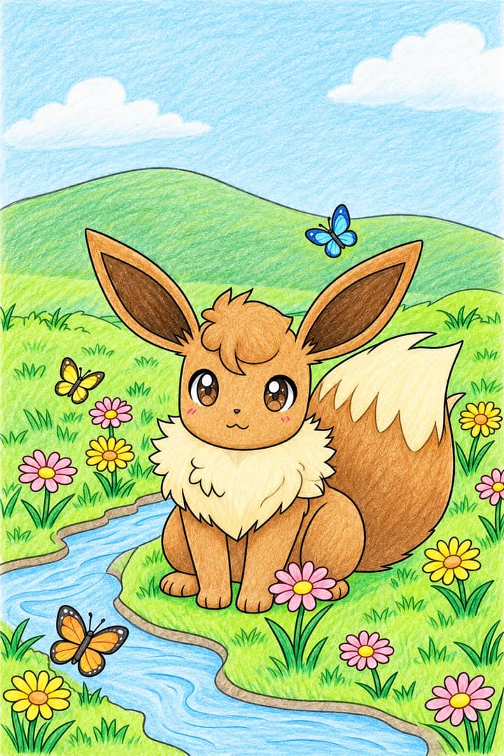 Colored example of Eevee Flower Meadow Coloring Page