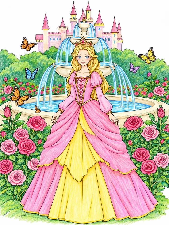 Colored example of Princess Garden Castle Coloring Page