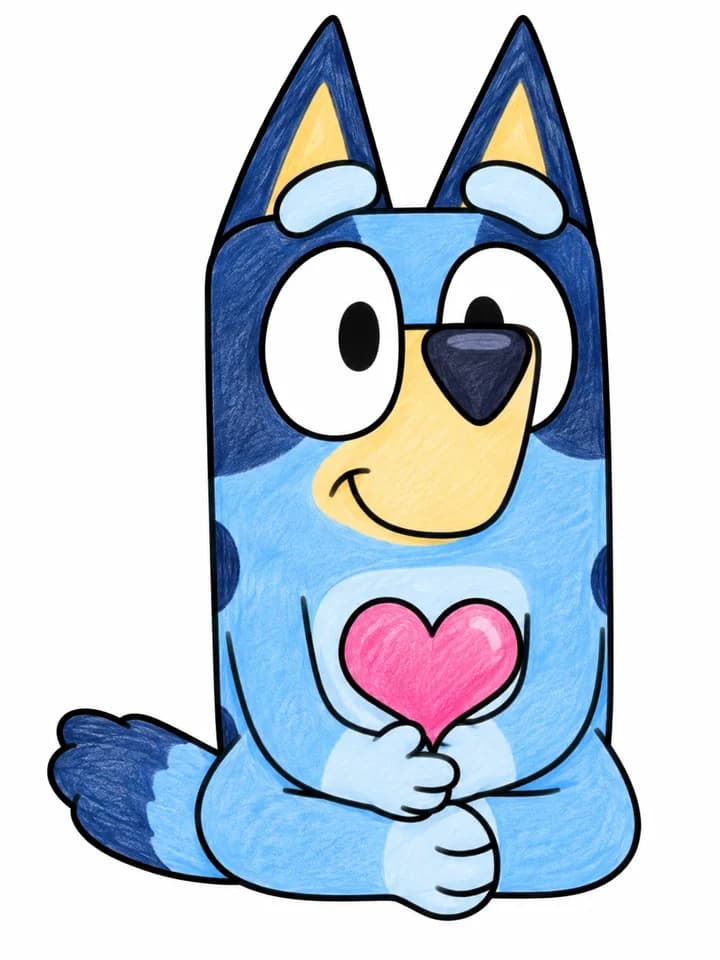 Colored example of Bluey Holding Heart Coloring Page