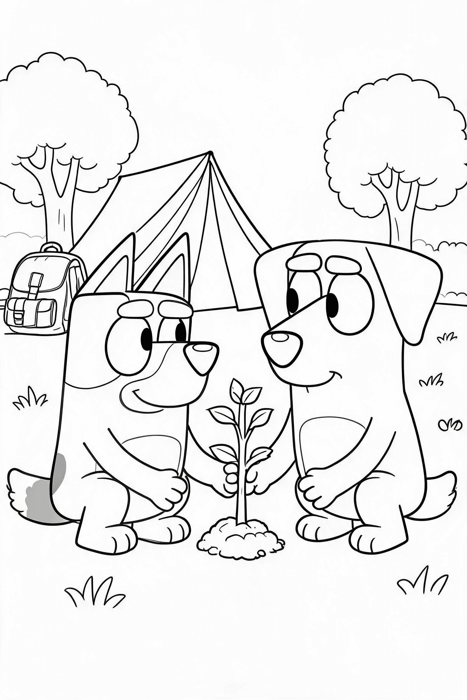 Free printable bluey and jean-luc camping coloring page with clean line art for download, print, and online coloring