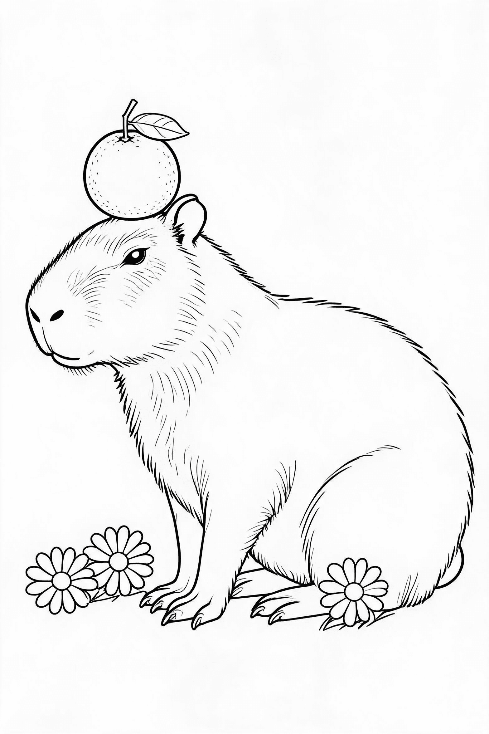 Free printable capybara balancing an orange coloring page with clean line art for download, print, and online coloring