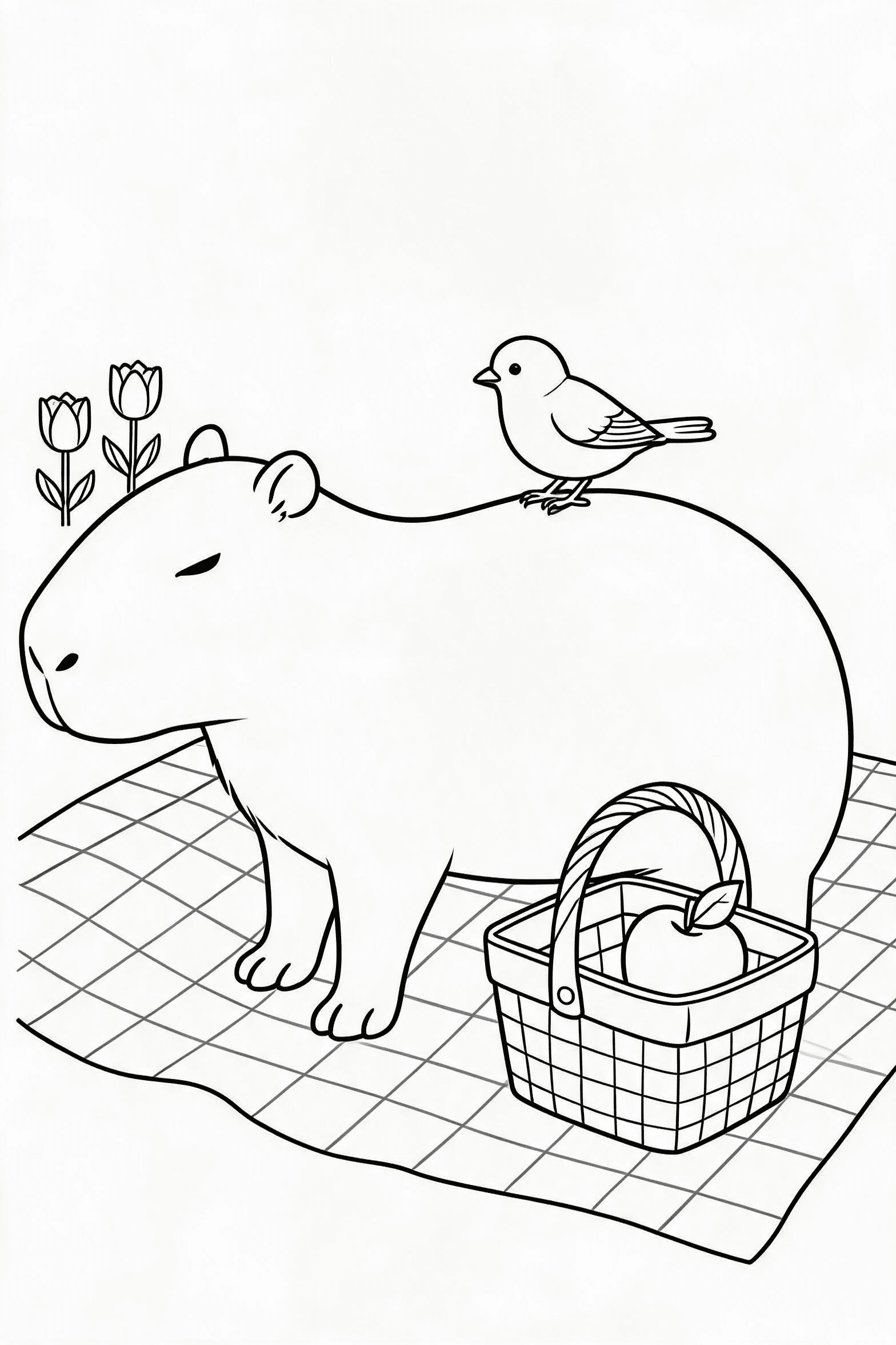 Capybara and Bird Picnic Coloring Page - More capybara coloring pages