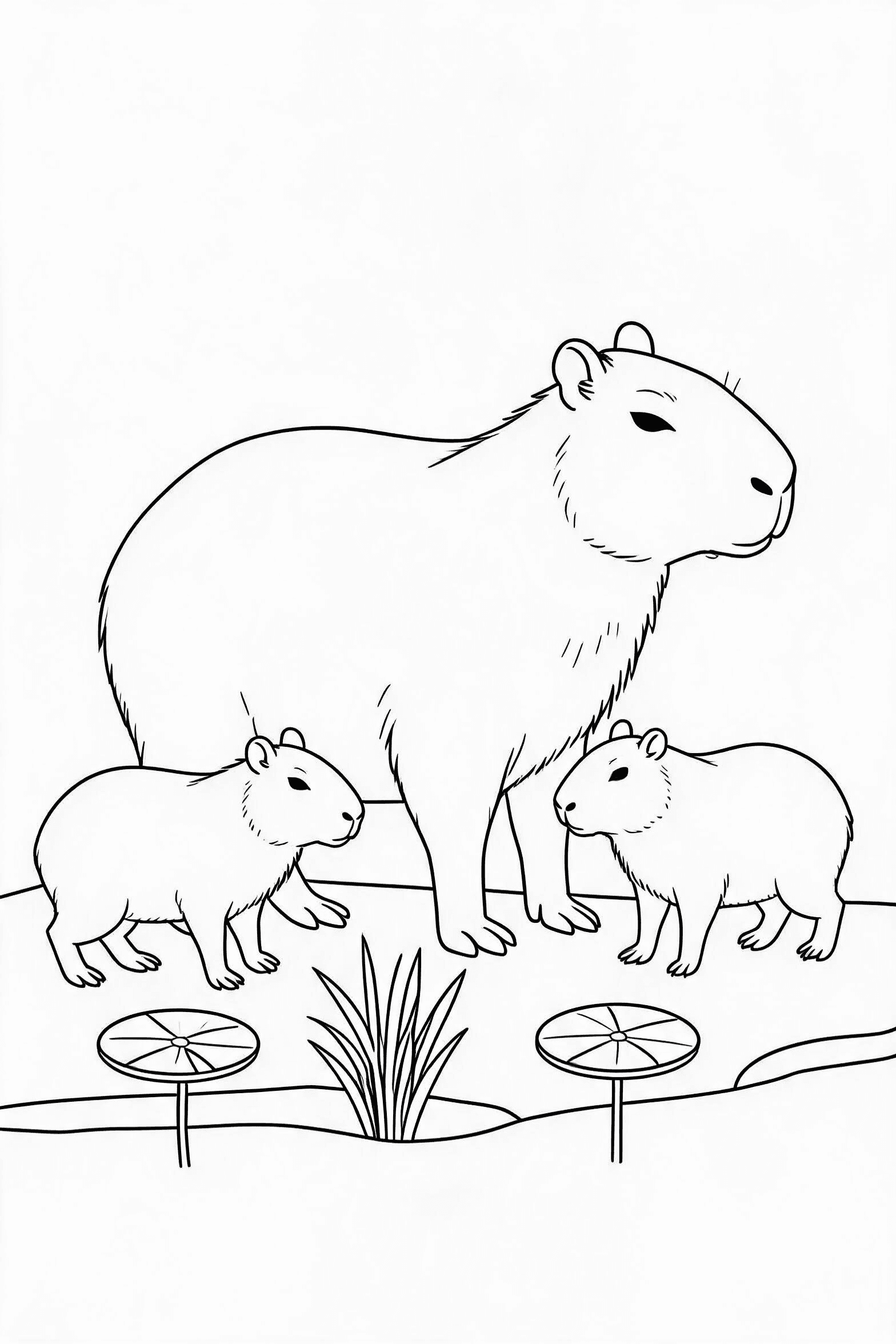 Capybara Family by the River Coloring Page - More capybara coloring pages