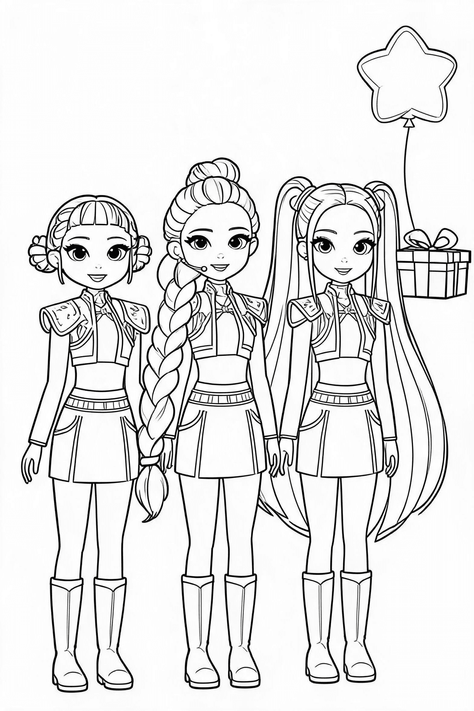 Cute Huntrix Star Balloon Celebration Coloring Page - More kpop demon hunters coloring pages