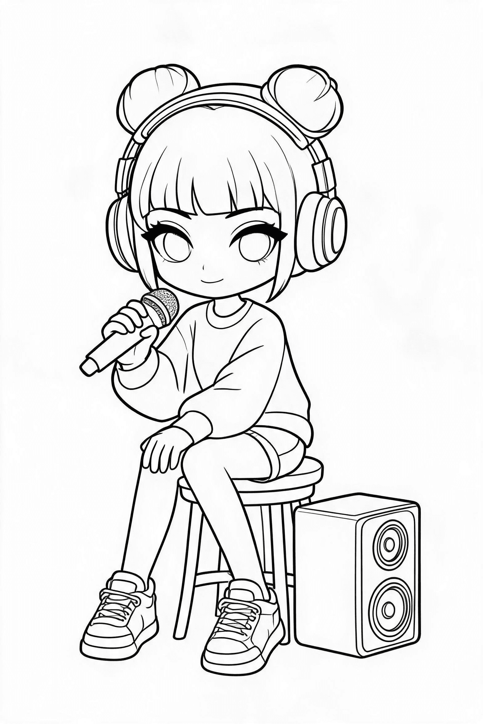 Cute Zoey Singing with Headphones Coloring Page - More kpop demon hunters coloring pages