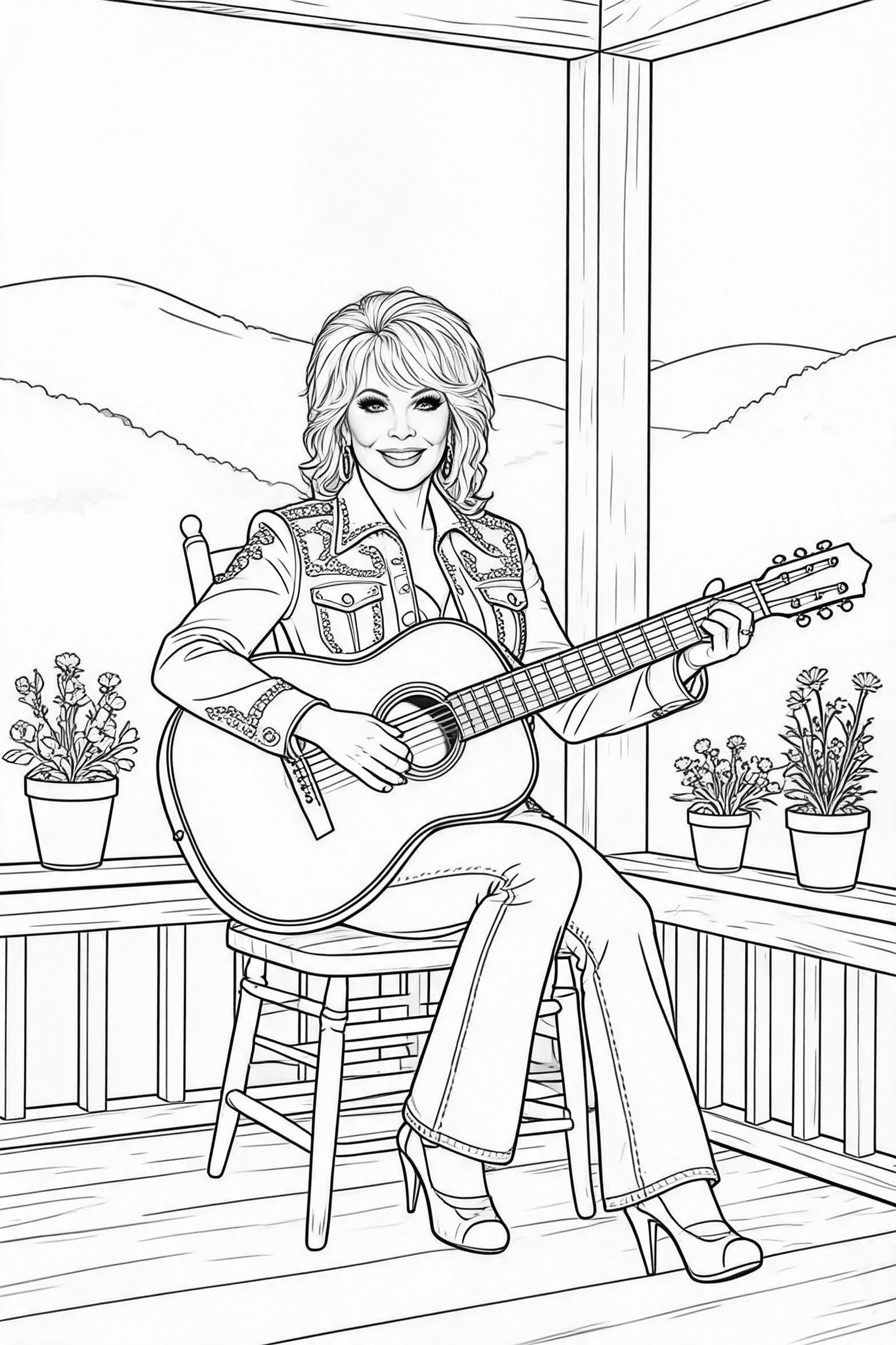 Dolly Parton Acoustic Guitar Porch Coloring Page - More dolly parton coloring pages