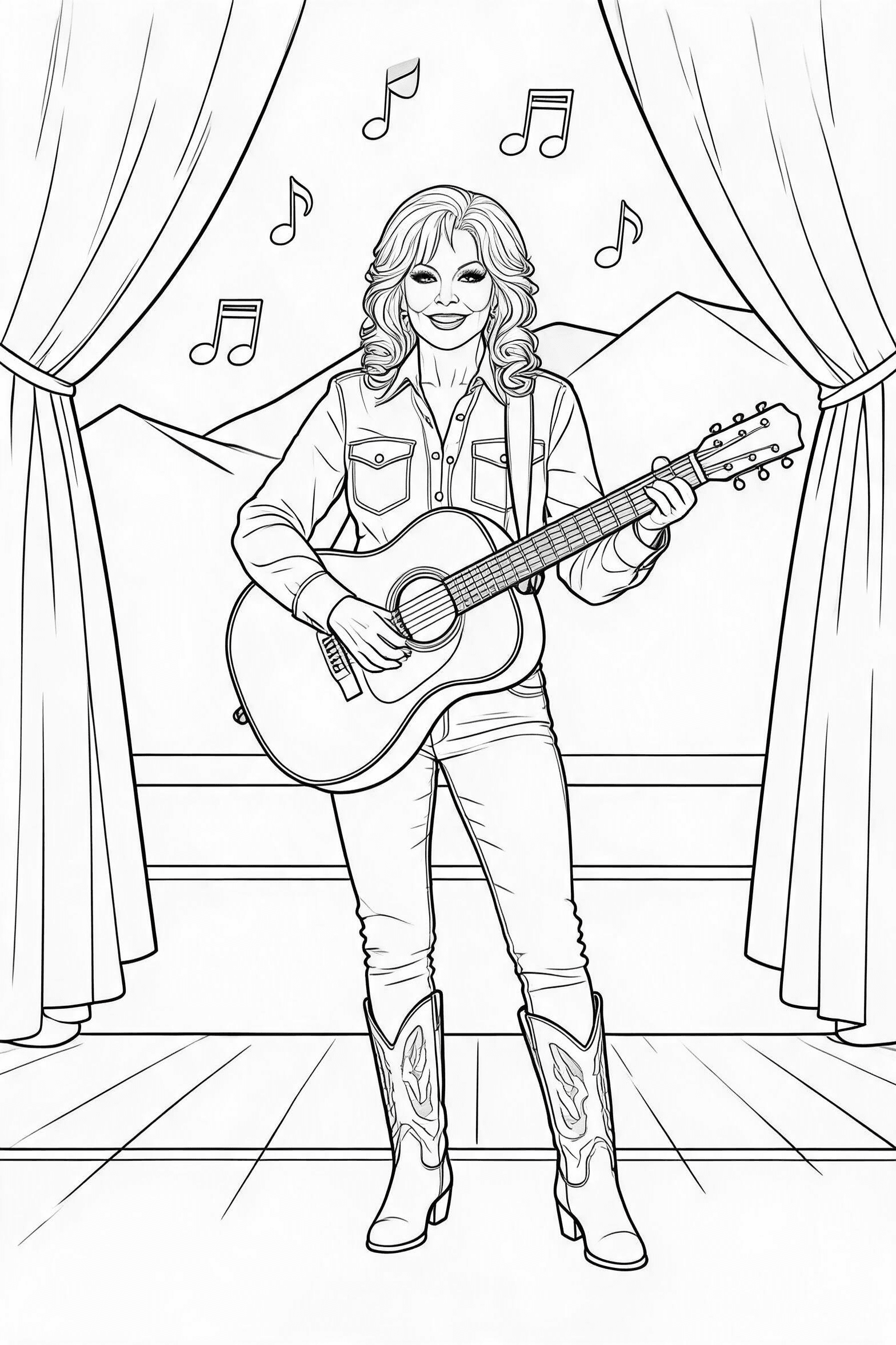 Free printable dolly parton mountain stage coloring page with clean line art for download, print, and online coloring