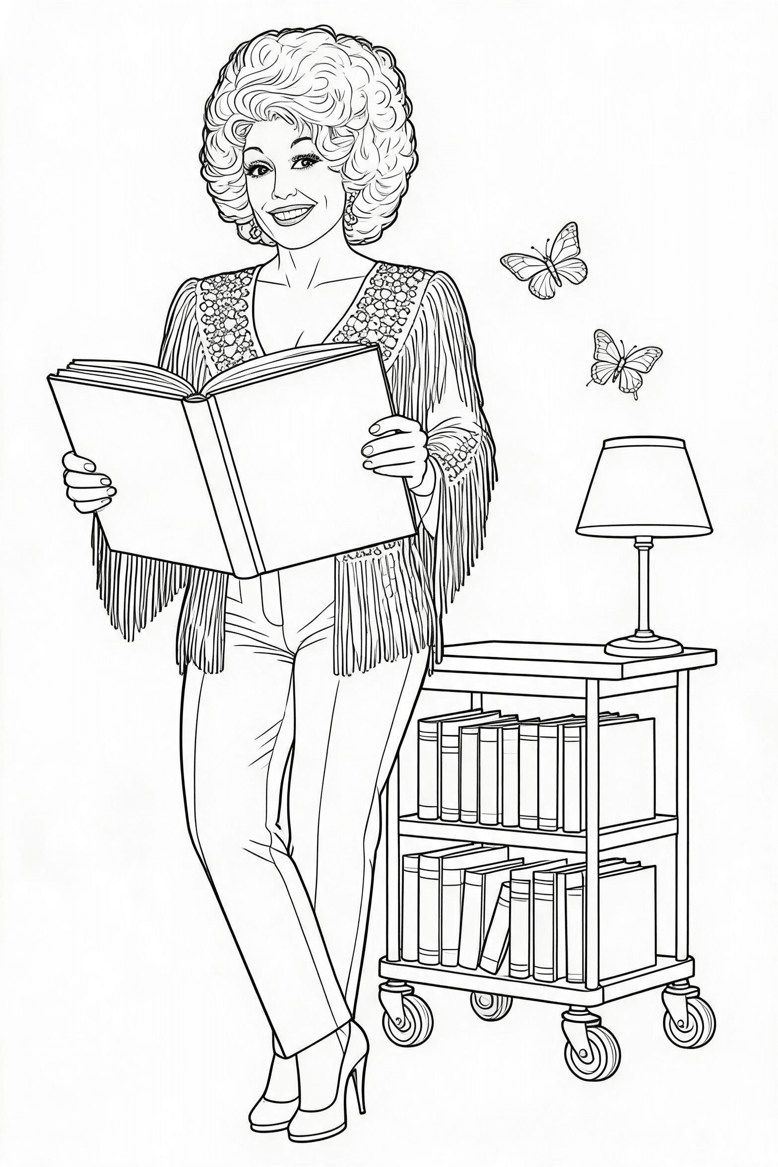 Free printable dolly parton reading library coloring page with clean line art for download, print, and online coloring