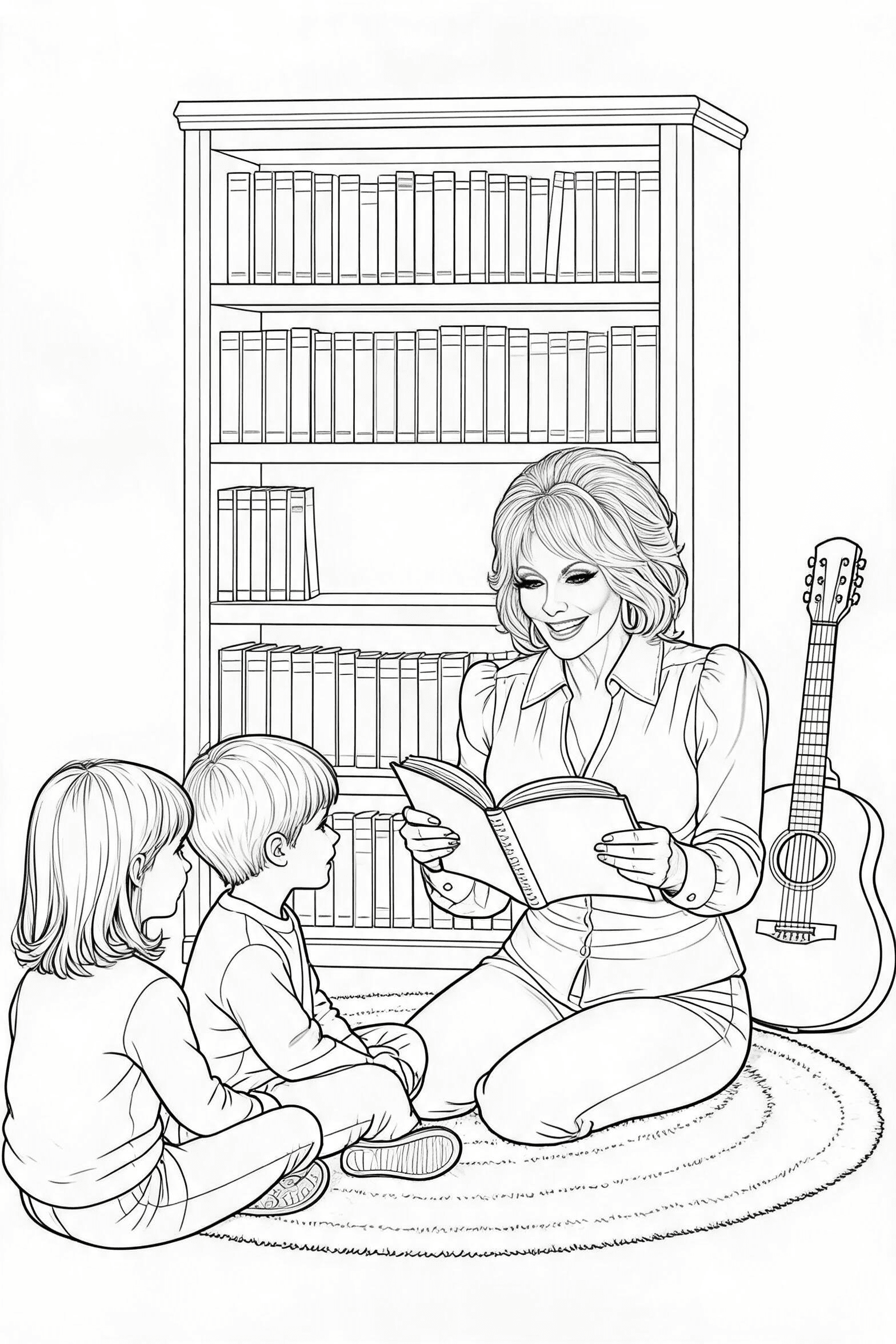 Dolly Parton Storytime Bookshelf Coloring Page - More dolly parton coloring pages