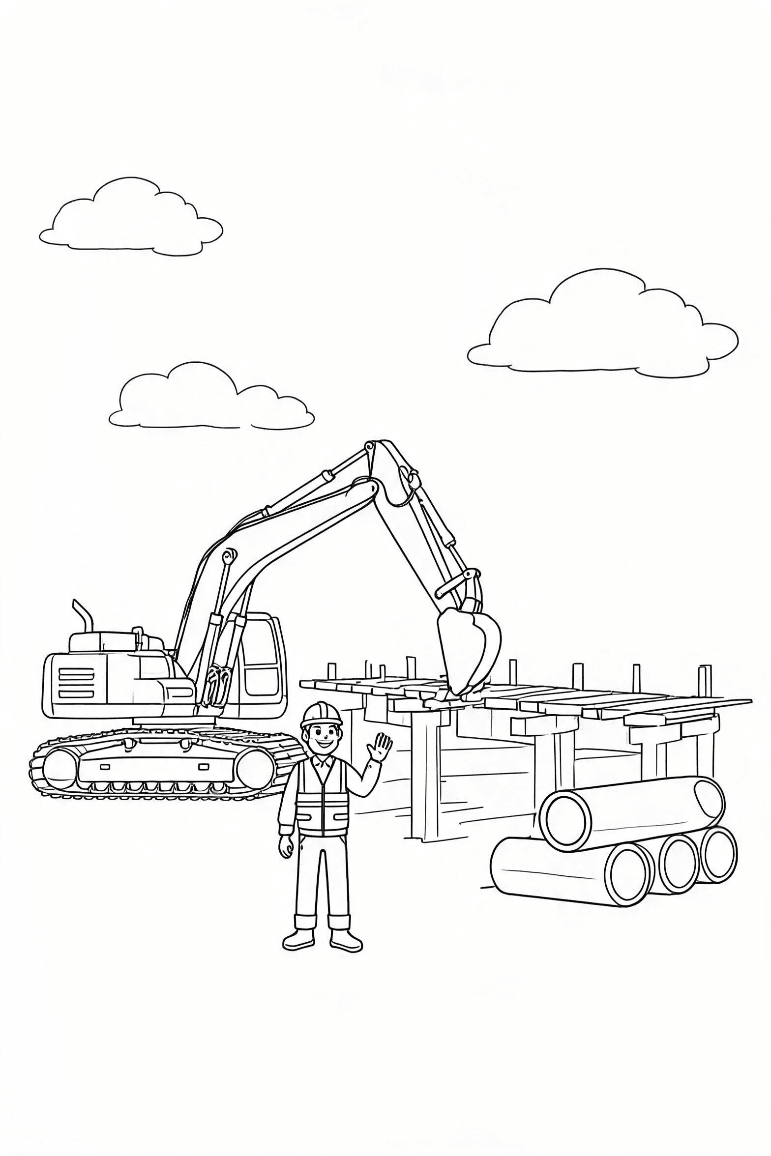 Free printable excavator bridge project coloring page with clean line art for download, print, and online coloring