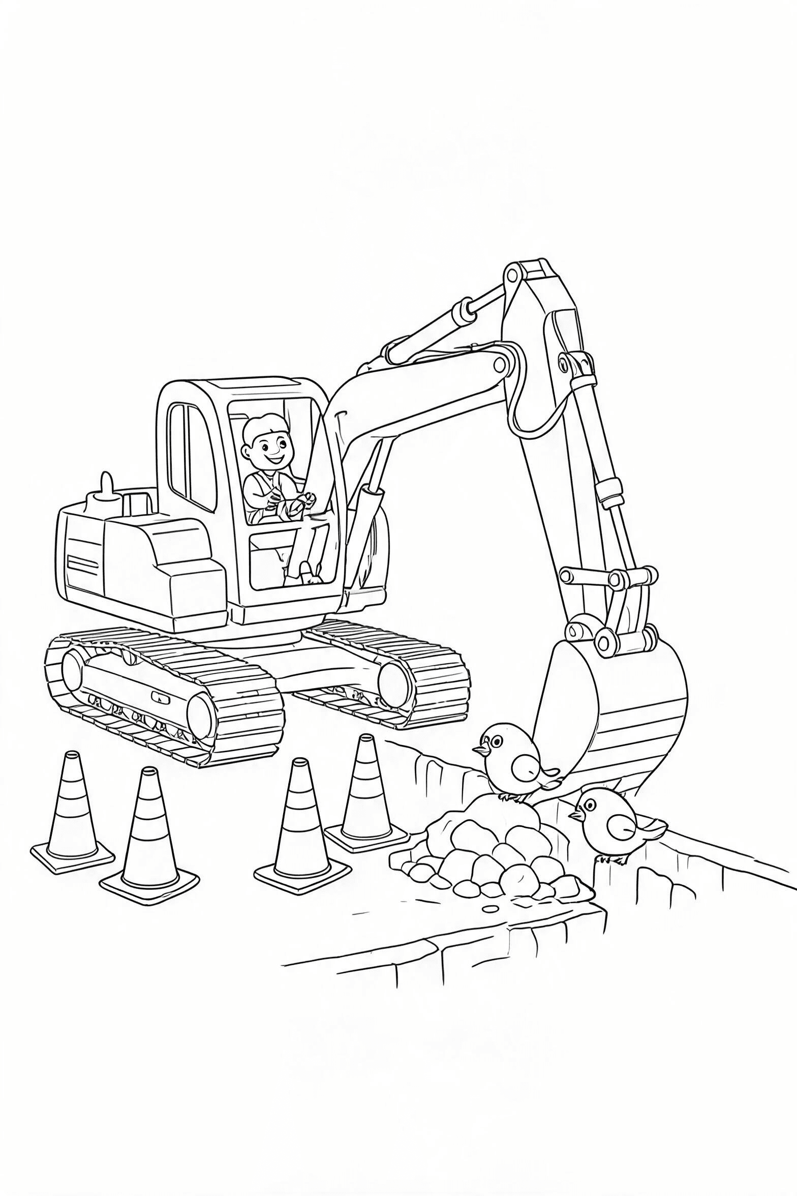 Free printable excavator digging at a construction site coloring page with clean line art for download, print, and online coloring
