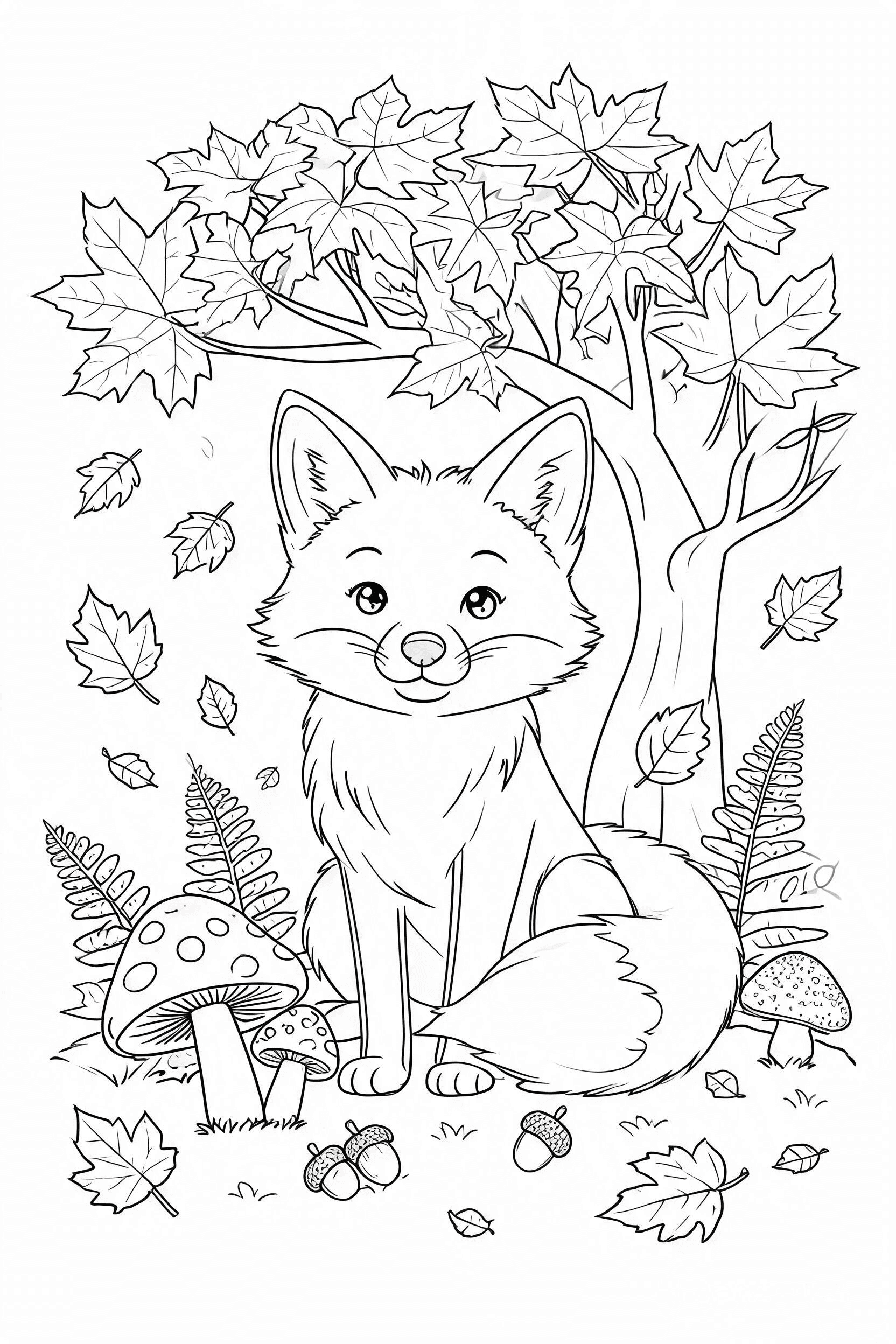 Free printable fall fox under maple tree coloring page with clean line art for download, print, and online coloring