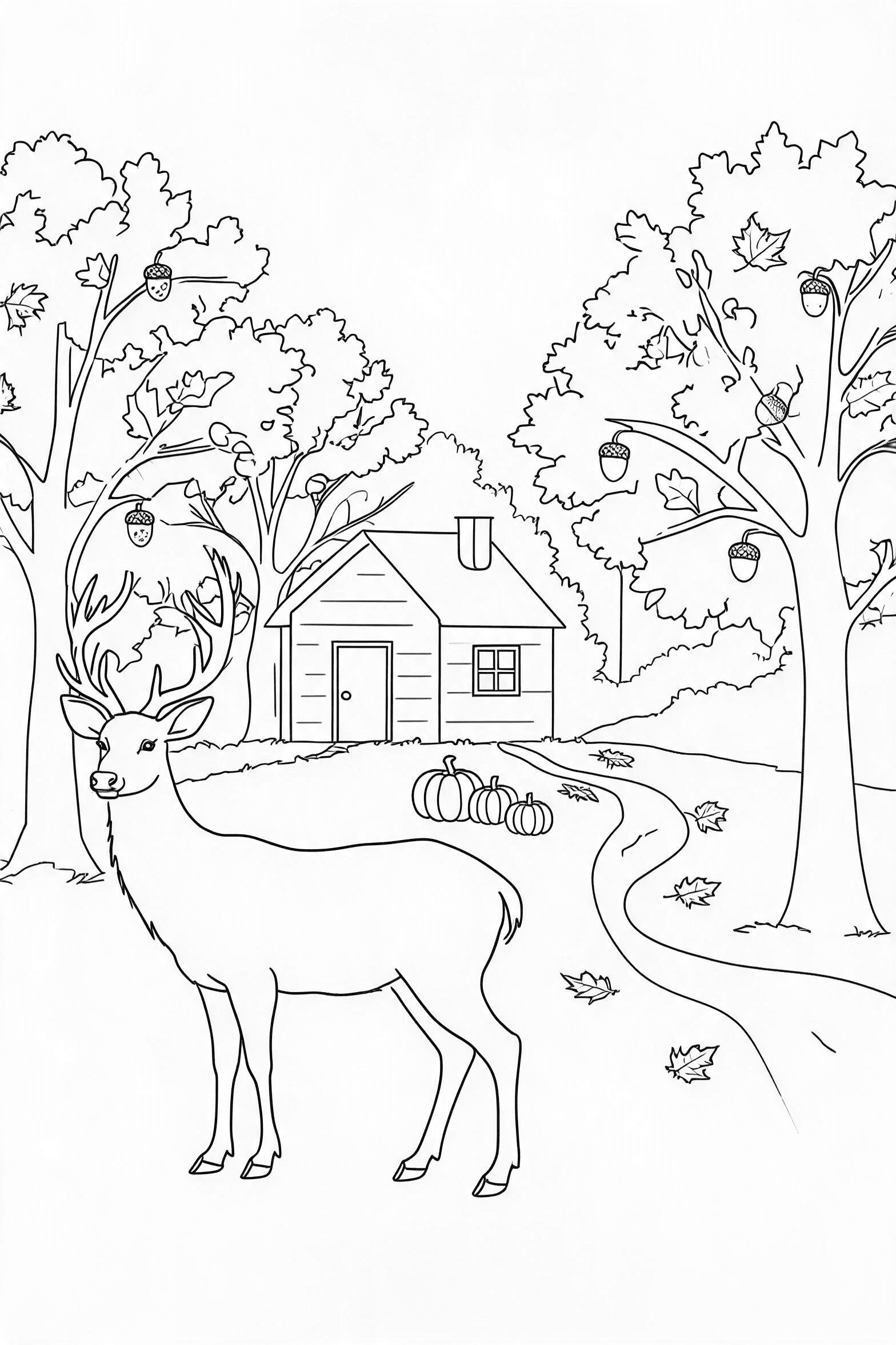 Fall Woodland Cabin and Deer Coloring Page - More fall coloring pages