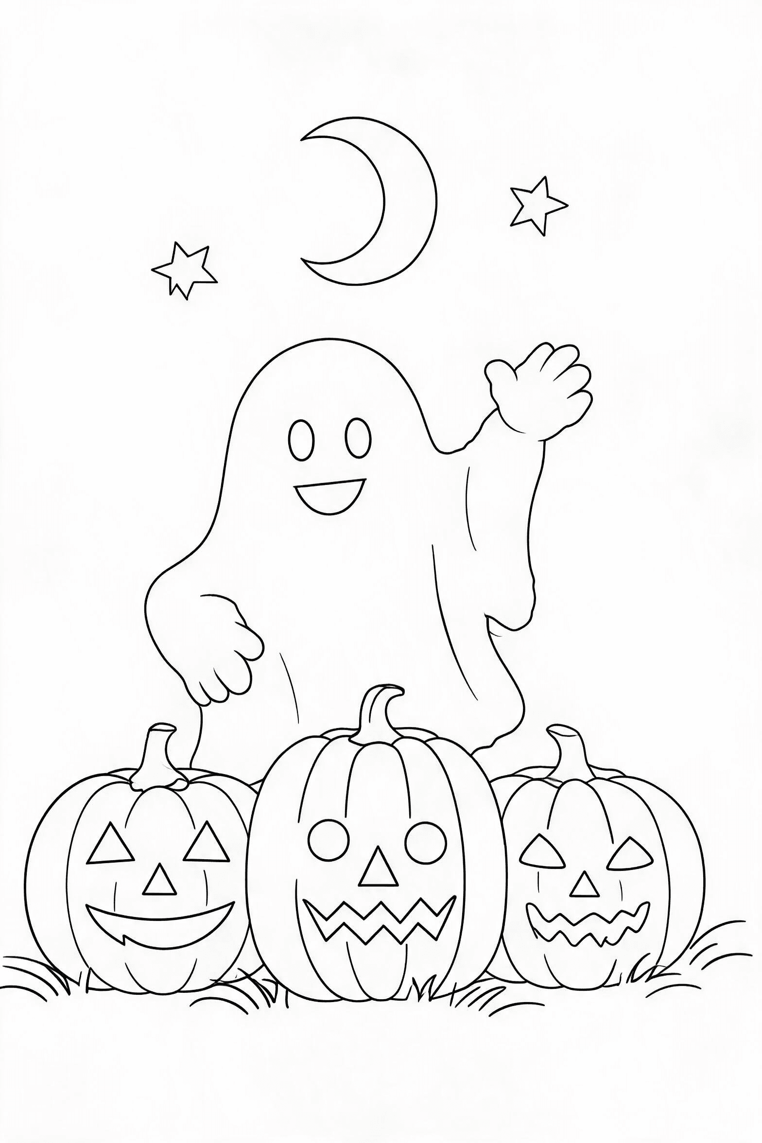 Free printable friendly ghost in a pumpkin garden coloring page with clean line art for download, print, and online coloring
