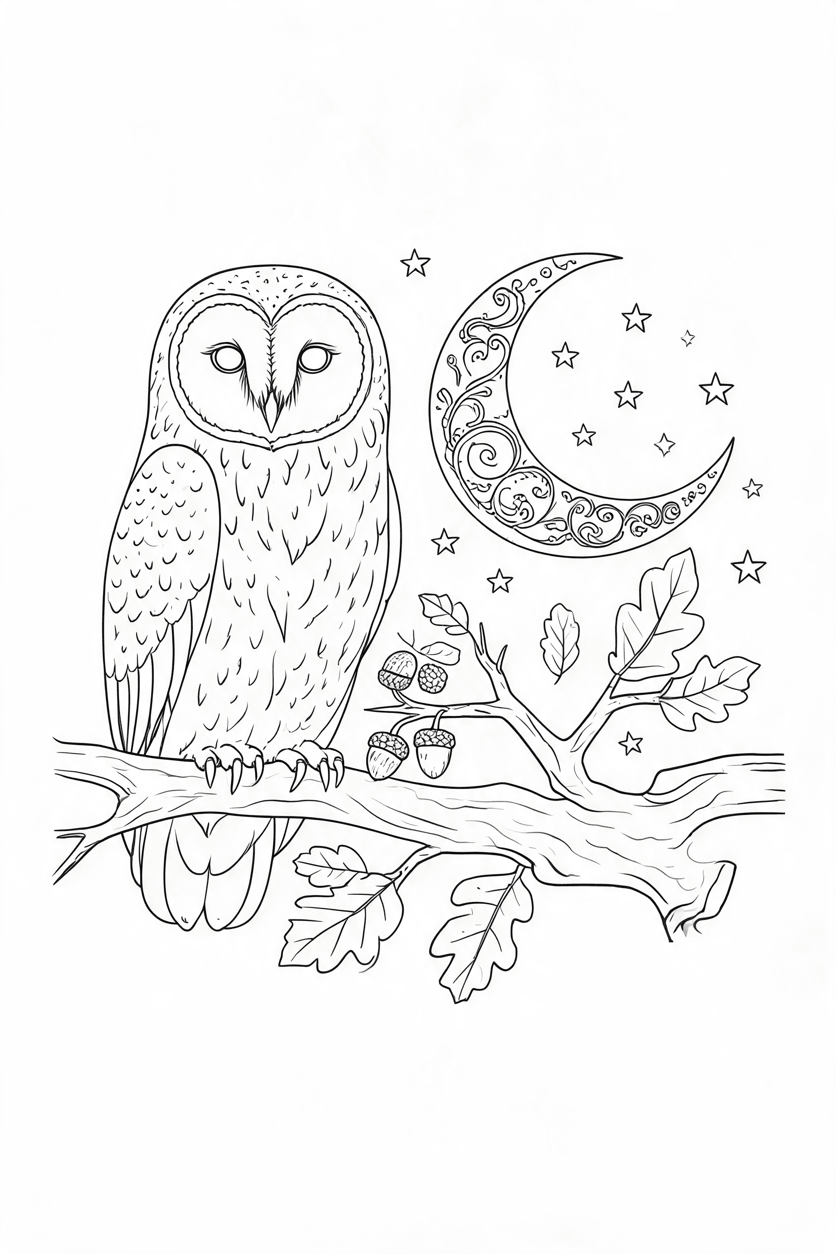 Free printable halloween owl and crescent moon coloring page with clean line art for download, print, and online coloring