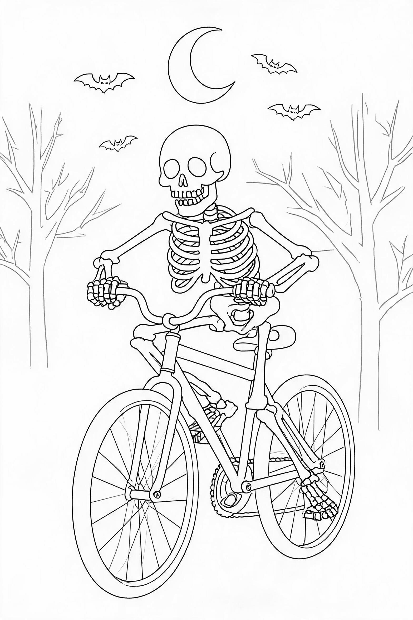 Halloween Skeleton Riding a Bicycle Coloring Page - More halloween coloring pages