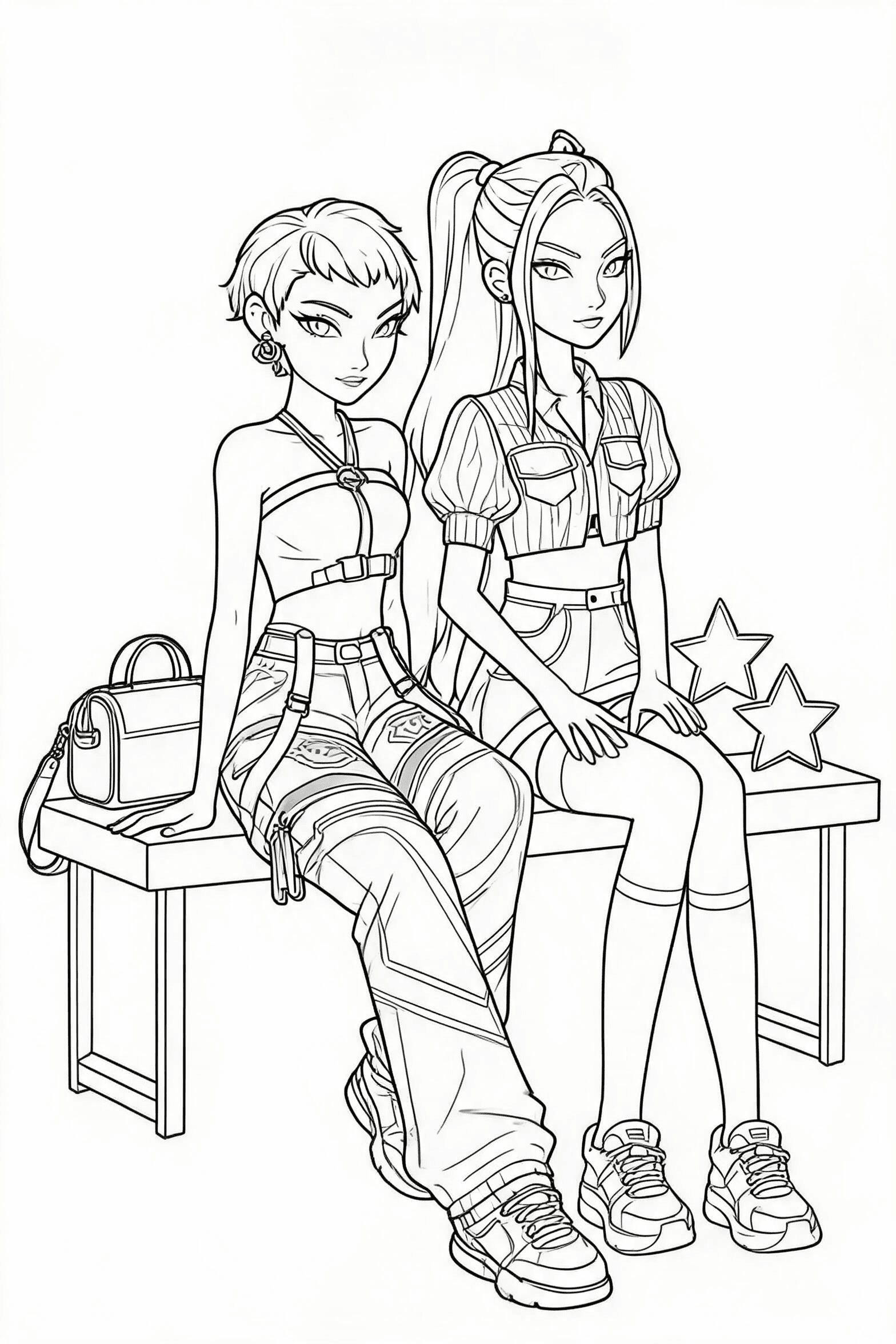 Free printable kpop demon hunters backstage friends coloring page with clean line art for download, print, and online coloring