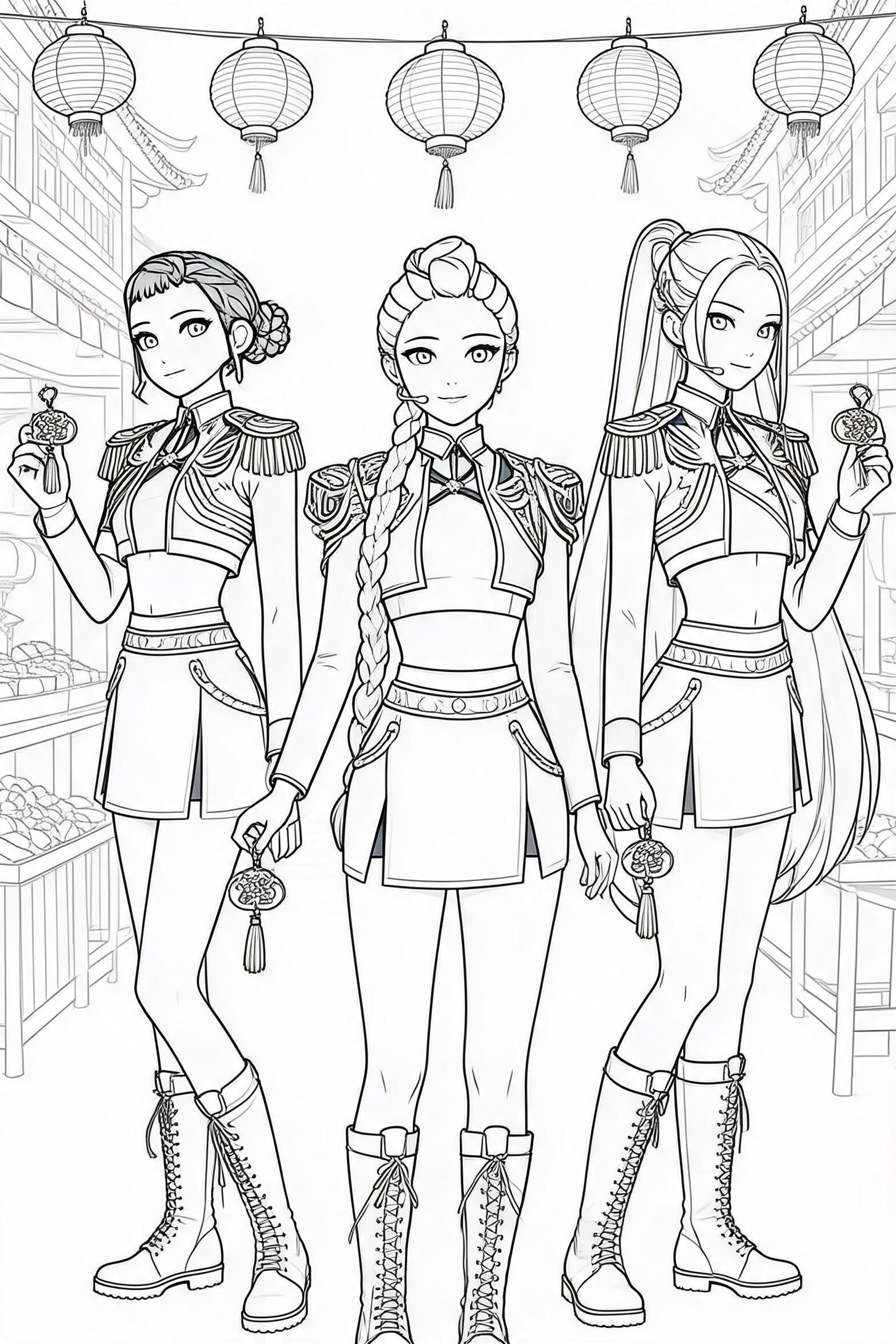 Free printable kpop demon hunters lantern market trio coloring page with clean line art for download, print, and online coloring