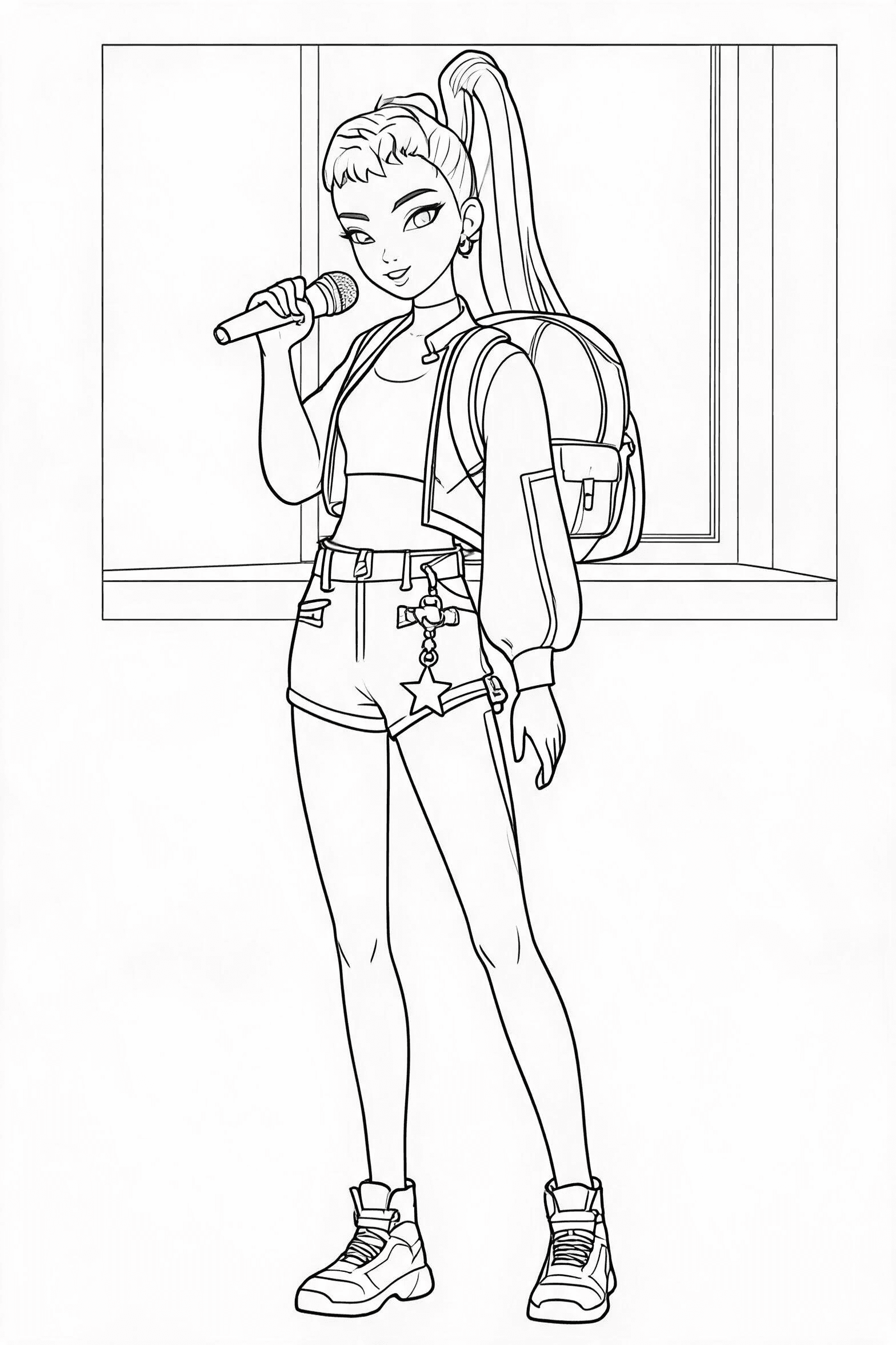 Free printable kpop demon hunters rehearsal singer coloring page with clean line art for download, print, and online coloring