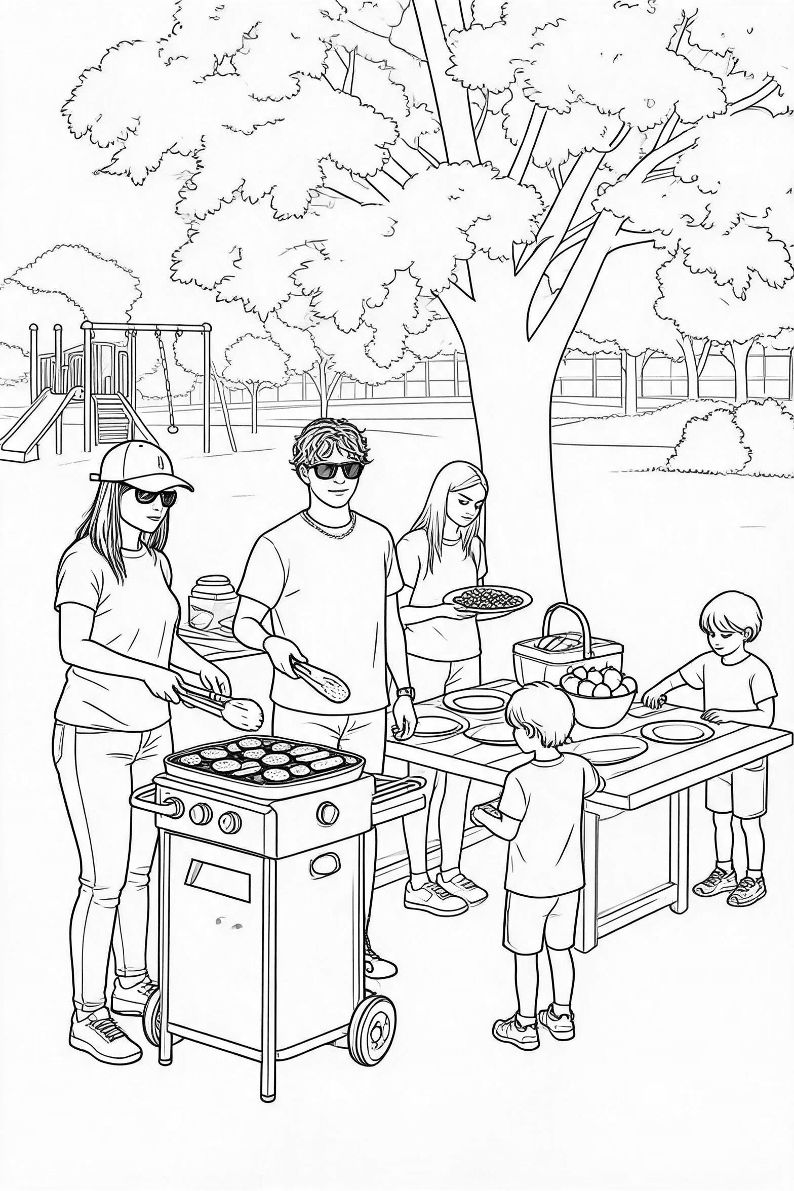Labor Day Community Cookout Coloring Page - Free printable labor day coloring page with clean line art