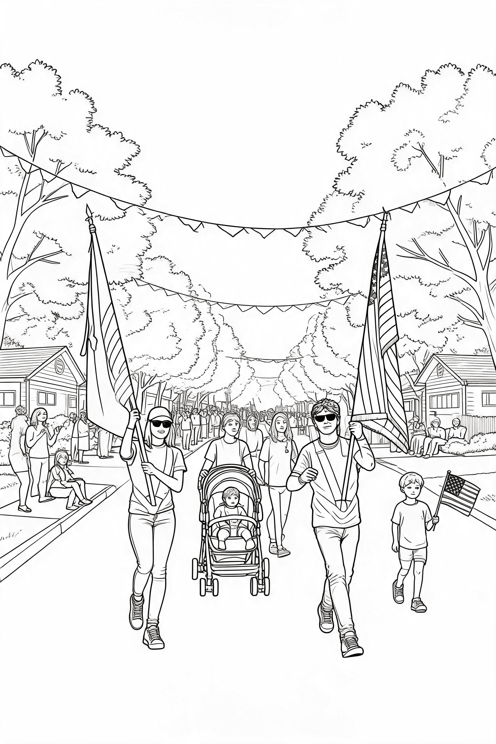 Labor Day Neighborhood Parade Coloring Page - Free printable labor day coloring page with clean line art