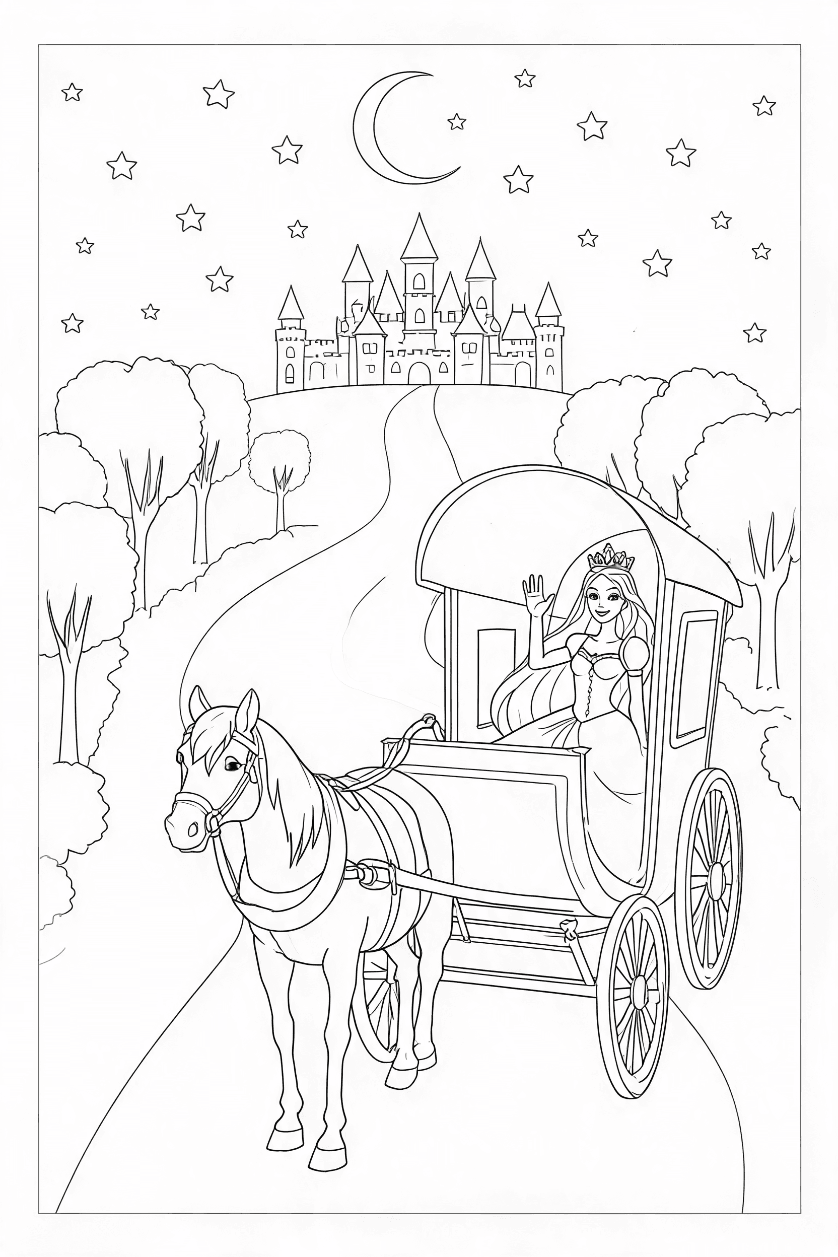 Princess Moonlit Carriage Coloring Page - More princess coloring pages