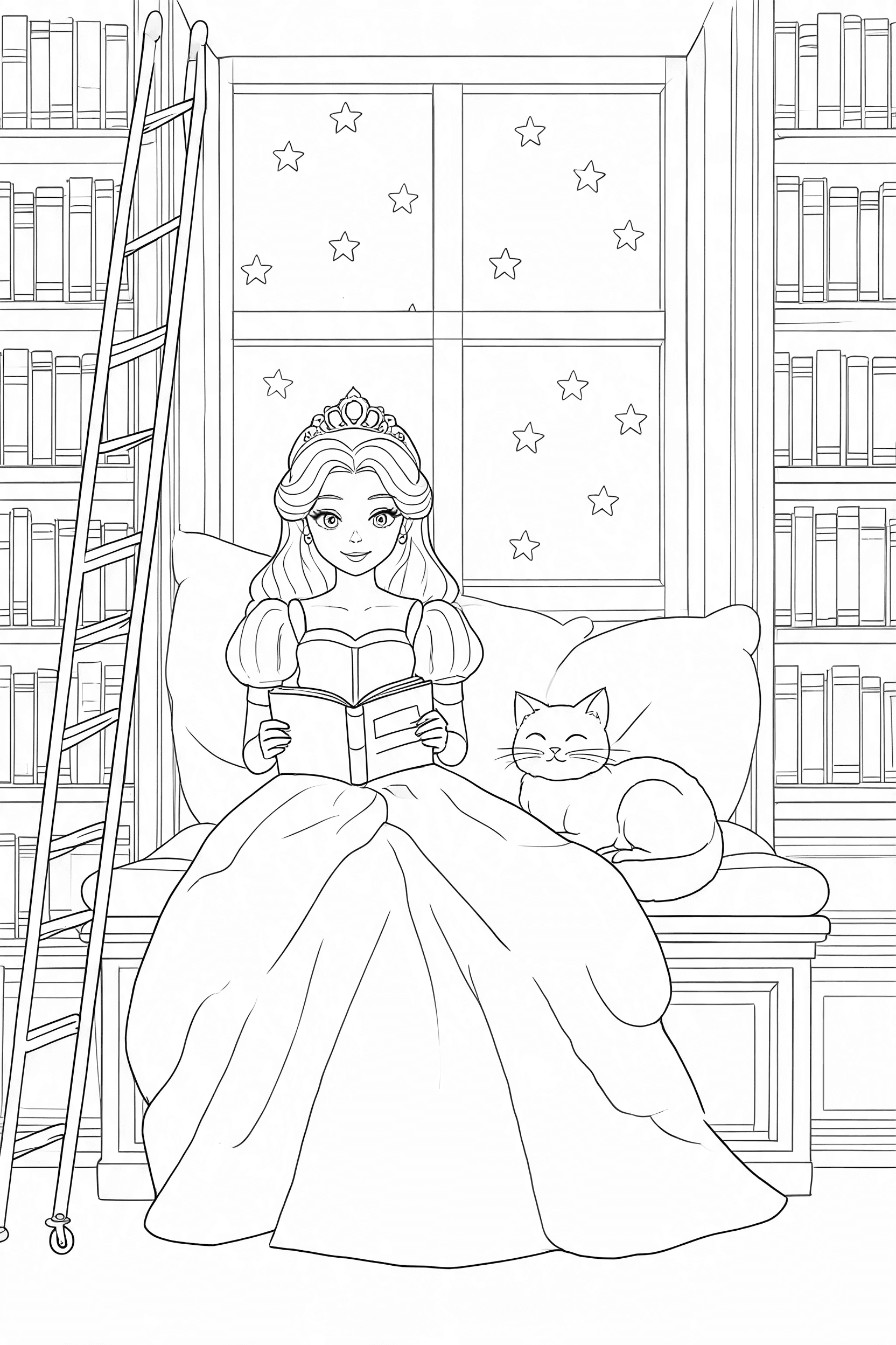 Free printable princess royal library coloring page with clean line art for download, print, and online coloring