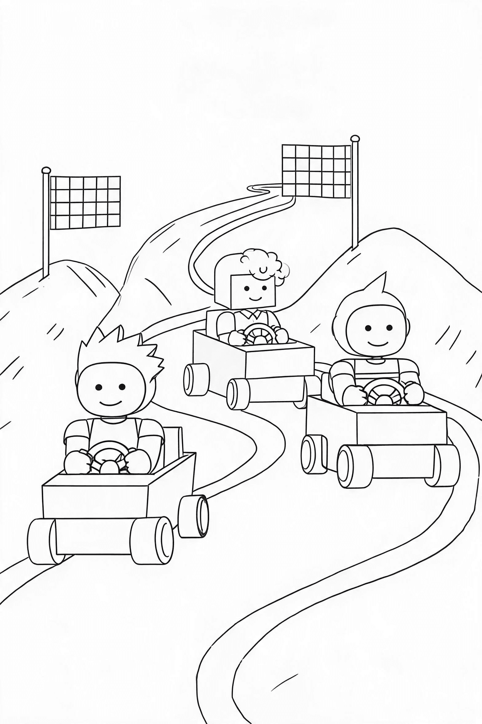 Free printable roblox kart race friends coloring page with clean line art for download, print, and online coloring