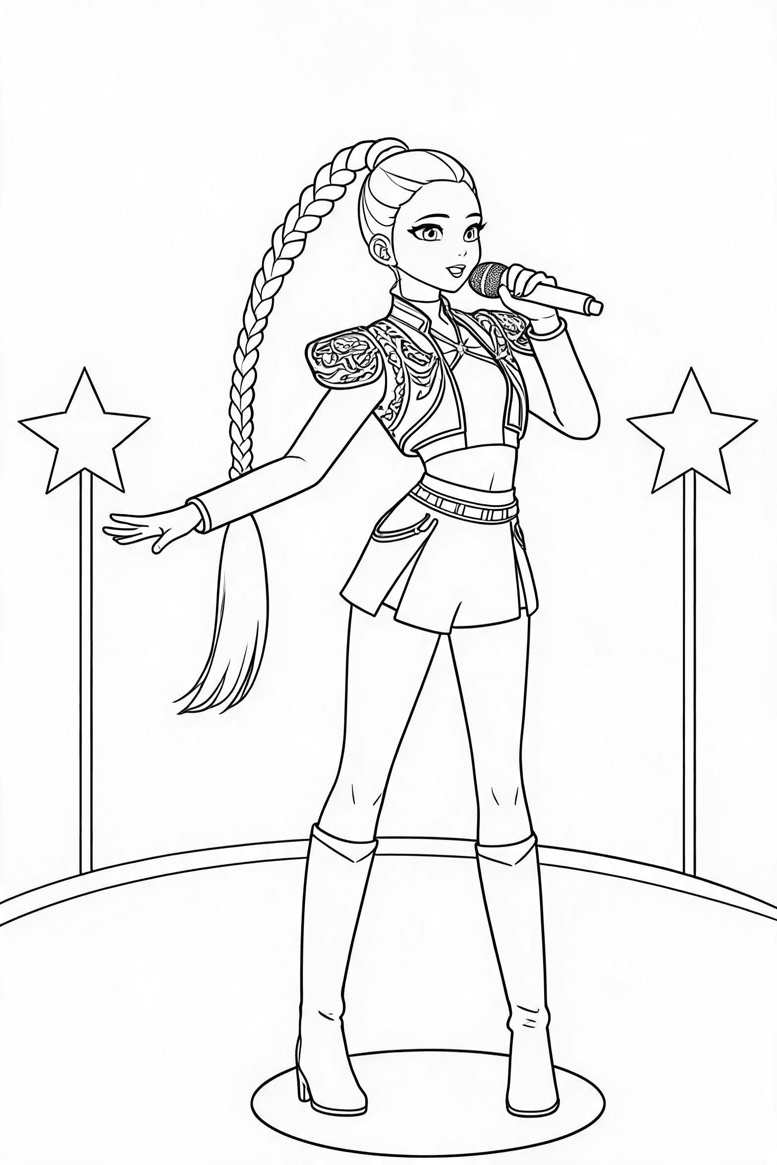 Free printable rumi golden-inspired rooftop performance coloring page with clean line art for download, print, and online coloring