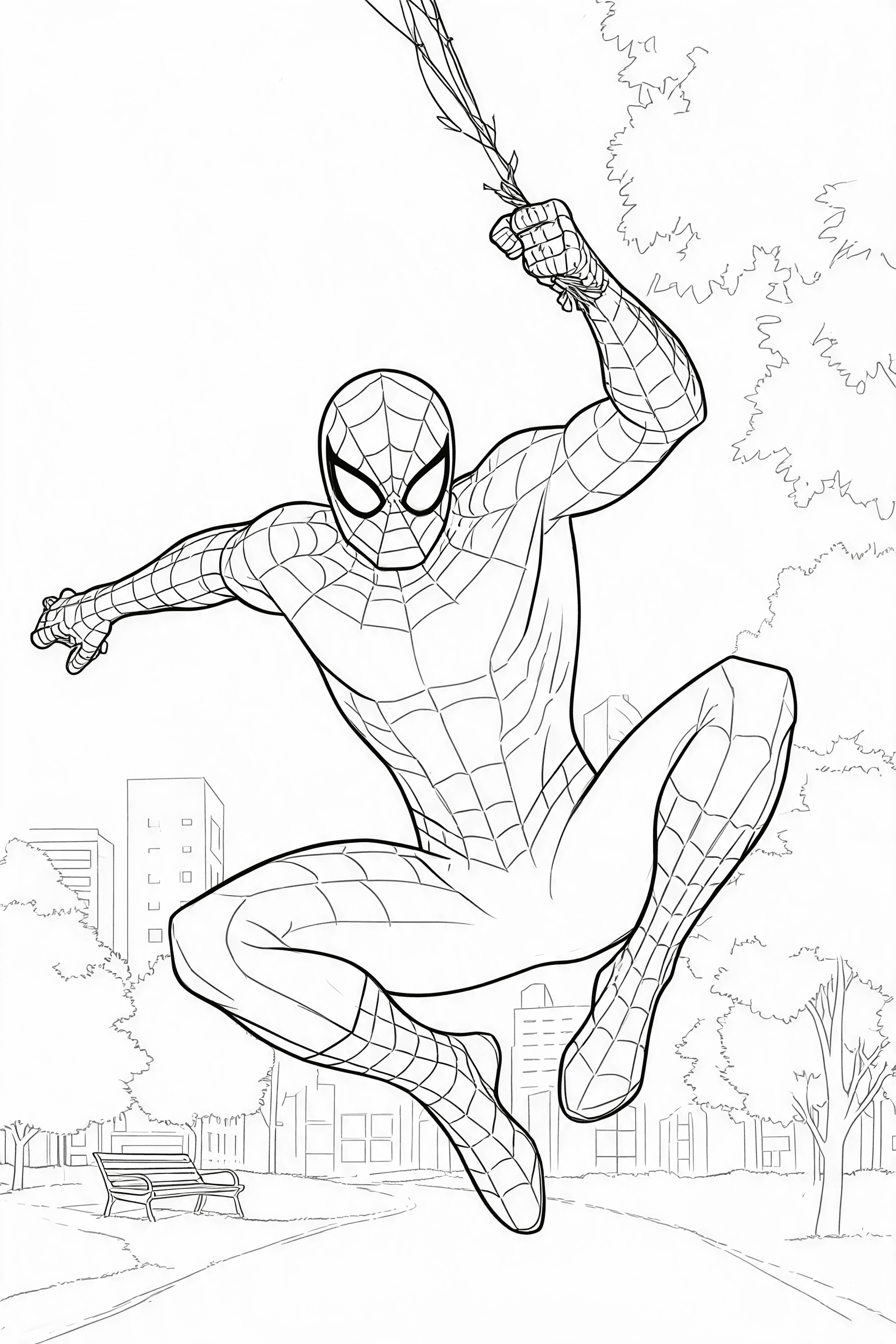 Spider-Man Web Hero City Park Coloring Page - Free printable spider-man coloring page with clean line art